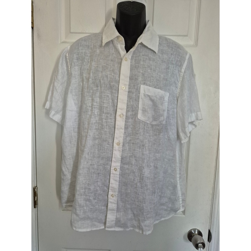 Thom Aaron Mens XL White 100% Linen Short Sleeve Button Down Shirt NWT